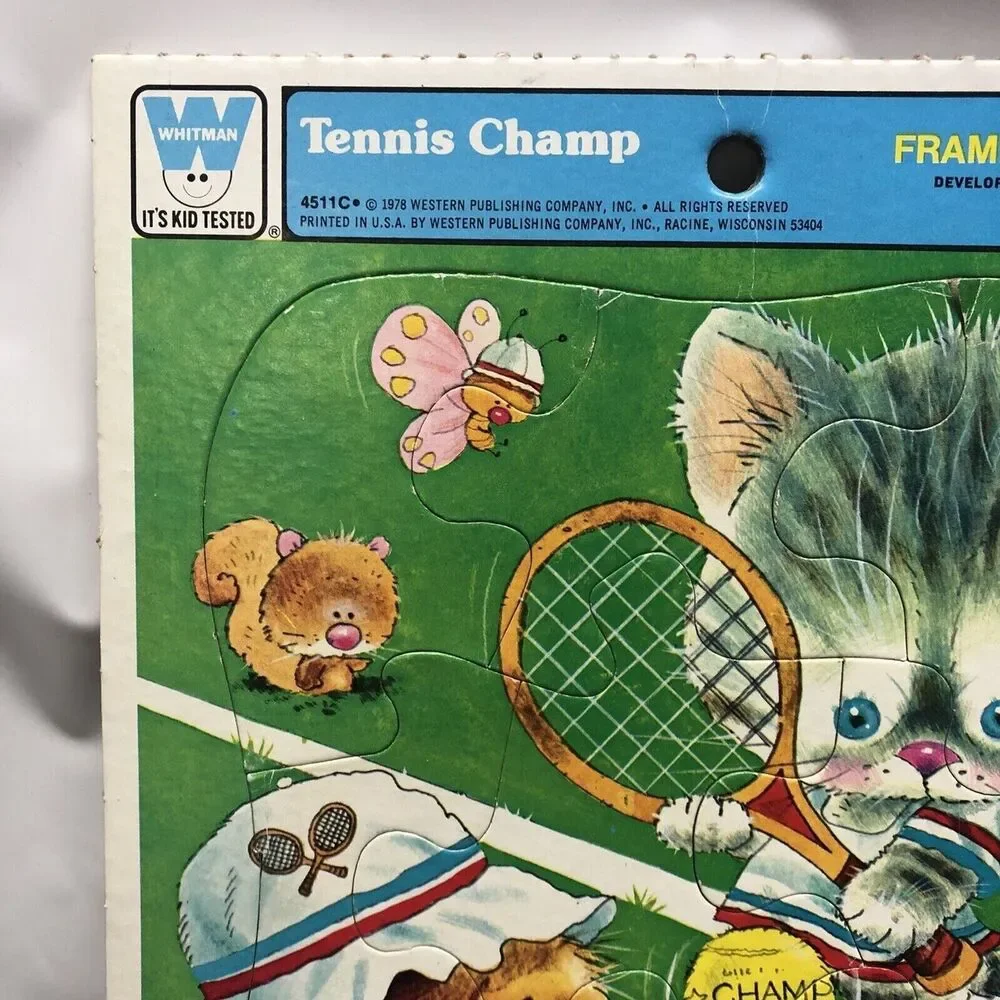 Vintage 1978 Whitman Tennis Champ Frame Tray Puzzle 4511C Giordano Kitten Puppy - Picture 2 of 13